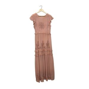 Chelsea & Violet Womens Pink Embroidered Tiered Maxi Dress Flutter Sleeve Medium